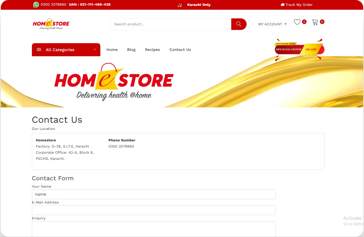 Home Store Contact Us Page